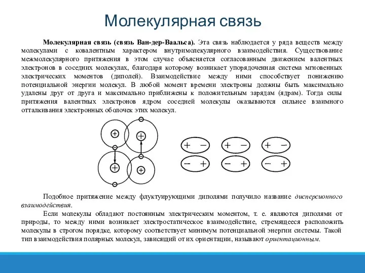 Молекулярная связь Молекулярная связь (связь Ван-дер-Ваальса). Эта связь наблюдается у ряда