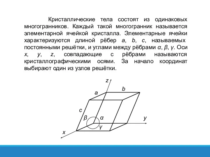 Кристаллические тела состоят из одинаковых многогранников. Каждый такой многогранник называется элементарной