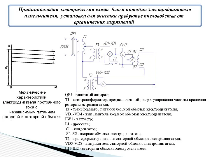 QF1 - защитный аппарат; T1 - автотрансформатор, предназначенный для регулирования частоты