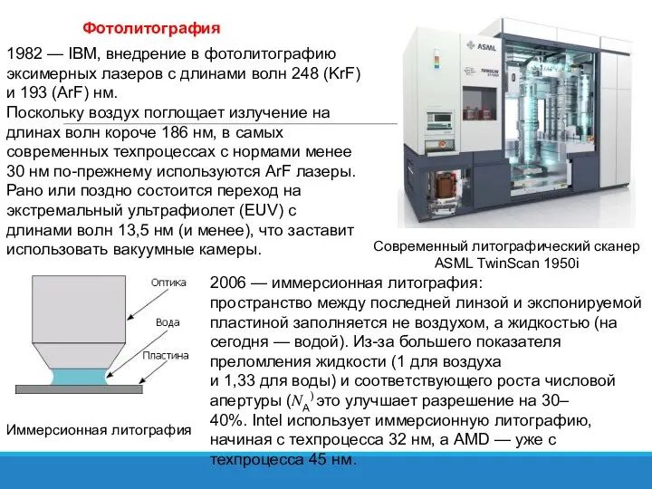 Фотолитография Современный литографический сканер ASML TwinScan 1950i 1982 — IBM, внедрение