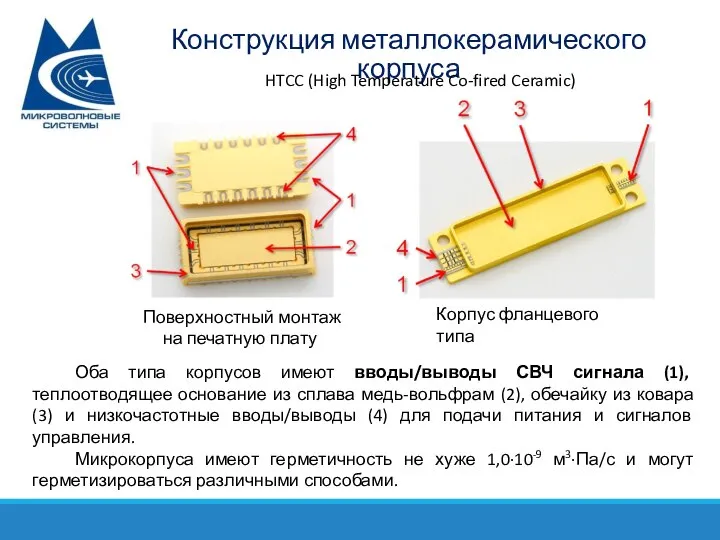 Конструкция металлокерамического корпуса HTCC (High Temperature Co-fired Ceramic) Корпус фланцевого типа