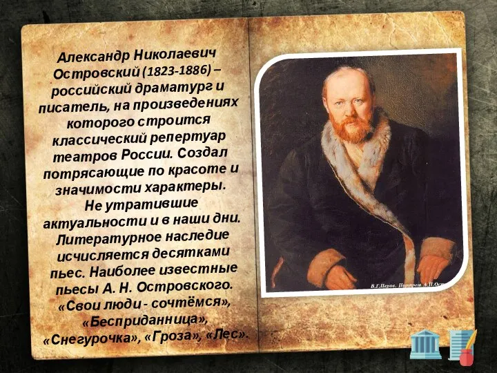 Александр Николаевич Островский (1823-1886) – российский драматург и писатель, на произведениях