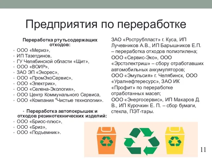 Предприятия по переработке Переработка ртутьсодержащих отходов: ООО «Мериз», ИП Тазетдинов, ГУ