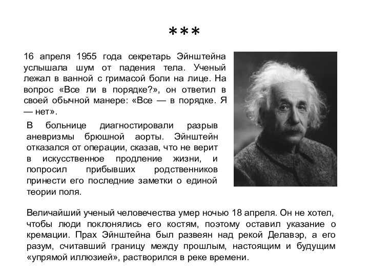 *** 16 апреля 1955 года секретарь Эйнштейна услышала шум от падения