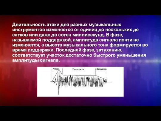 Длительность атаки для разных музы­кальных инструментов изменяется от единиц до нескольких