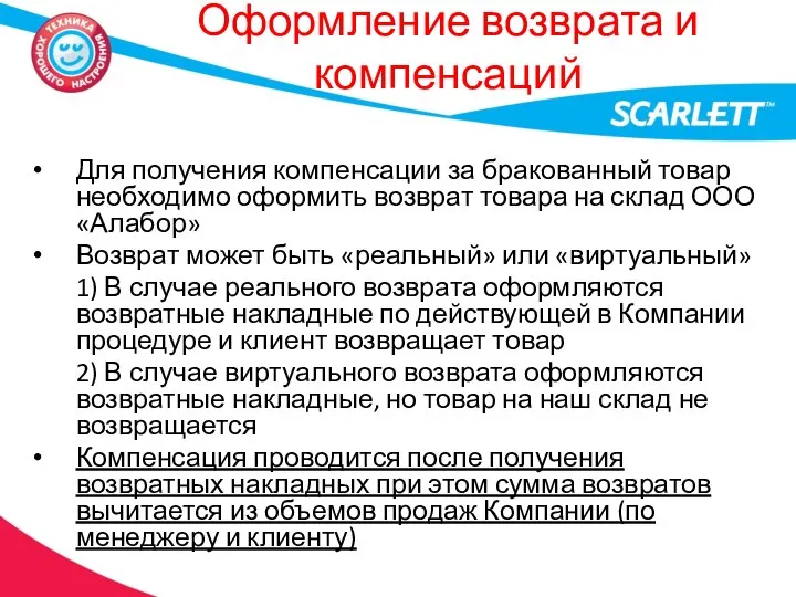 Оформление возврата и компенсаций Для получения компенсации за бракованный товар необходимо