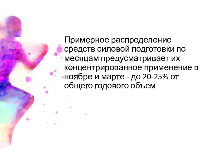 Примерное распределение средств силовой подготовки по месяцам предусматривает их концентрированное применение