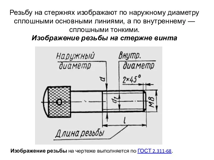 Резьбу на стержнях изображают по наружному диаметру сплошными основными линиями, а