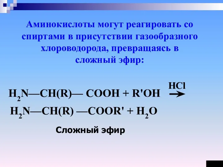 Аминокислоты могут реагировать со спиртами в присутствии газообразного хлороводорода, превращаясь в