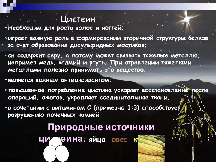 Цистеин Необходим для роста волос и ногтей; играет важную роль в