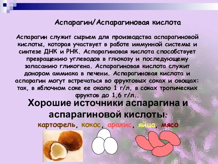 Аспарагин/Аспарагиновая кислота Аспарагин служит сырьем для производства аспарагиновой кислоты, которая участвует