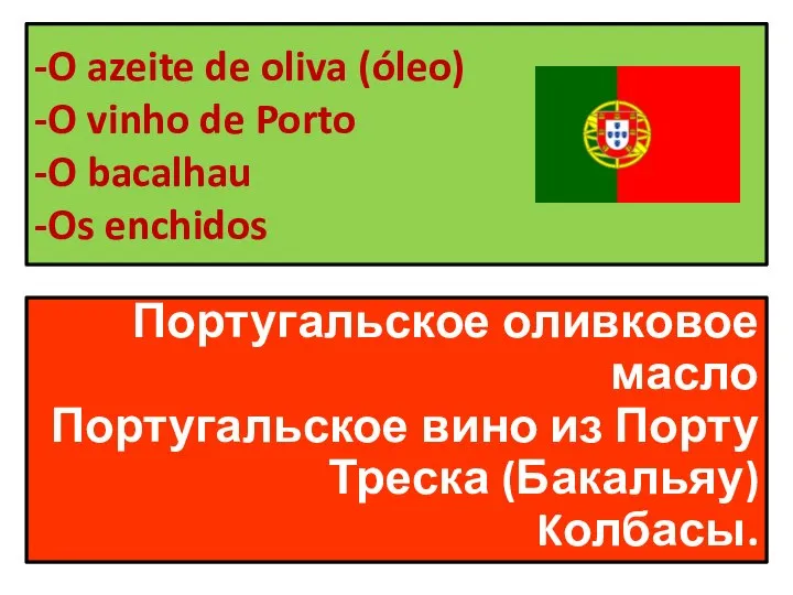 -O azeite de oliva (óleo) -O vinho de Porto -O bacalhau