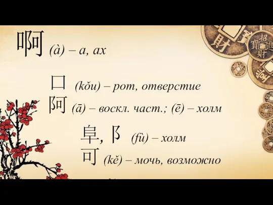 啊 (à) – а, ах 口 (kǒu) – рот, отверстие 阿