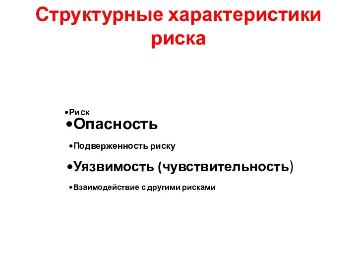 Структурные характеристики риска Риск Опасность Подверженность риску Уязвимость (чувствительность) Взаимодействие с другими рисками