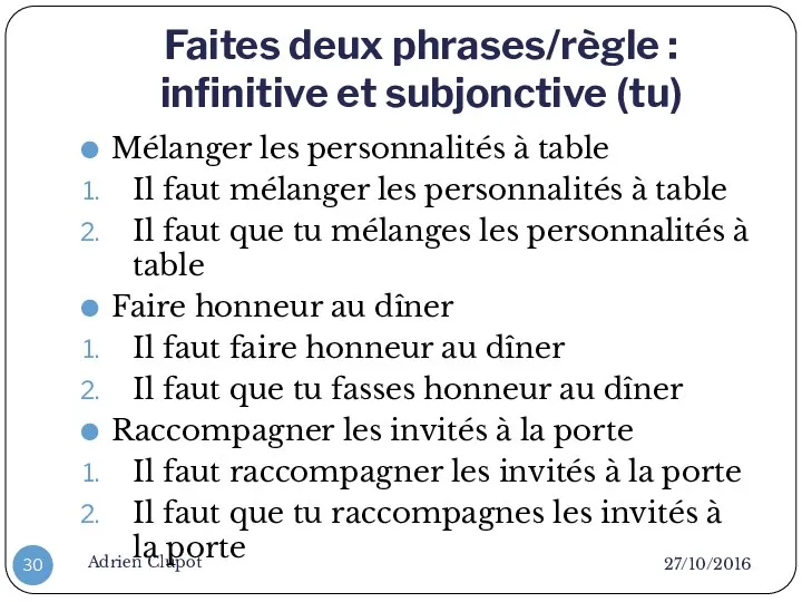 Faites deux phrases/règle : infinitive et subjonctive (tu) 27/10/2016 Adrien Clupot