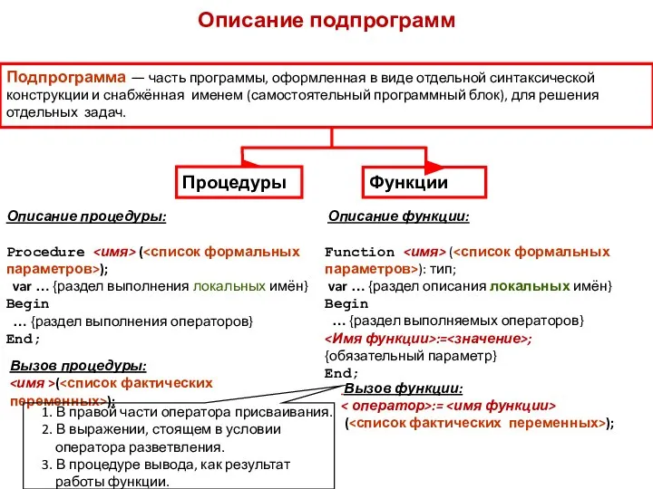 Функции Подпрограмма — часть программы, оформленная в виде отдельной синтаксической конструкции