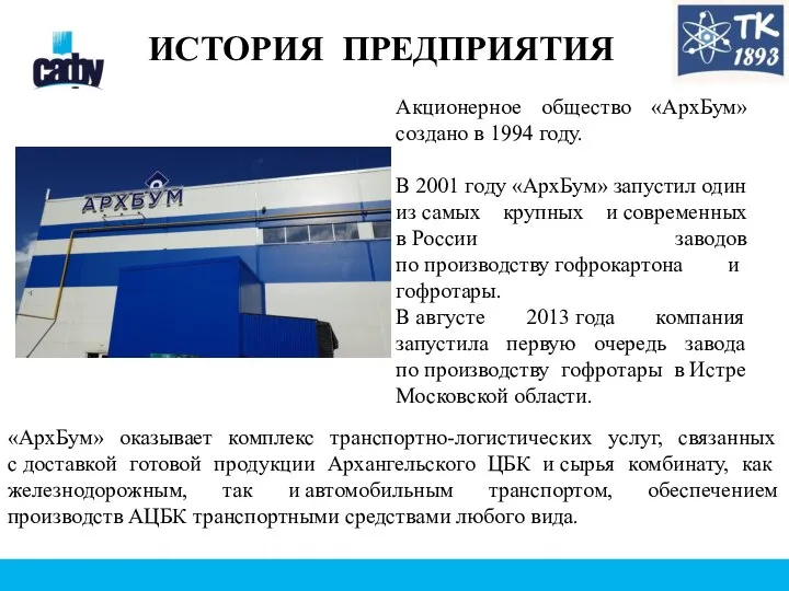 ИСТОРИЯ ПРЕДПРИЯТИЯ Акционерное общество «АрхБум» создано в 1994 году. В 2001