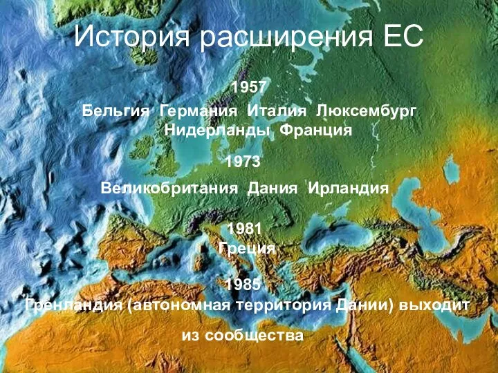 История расширения ЕС 1957 Бельгия Германия Италия Люксембург Нидерланды Франция 1973