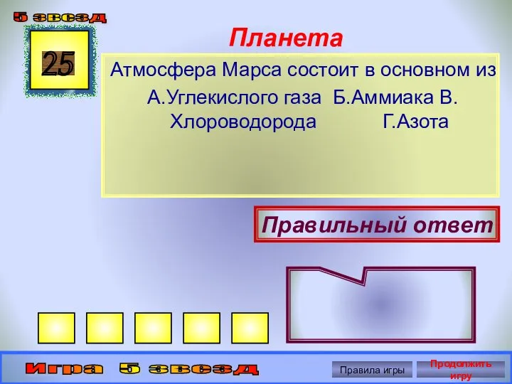 Планета Атмосфера Марса состоит в основном из А.Углекислого газа Б.Аммиака В.Хлороводорода