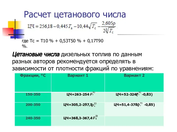 Расчет цетанового числа где Тс = Т10 % + 0,53Т50 %