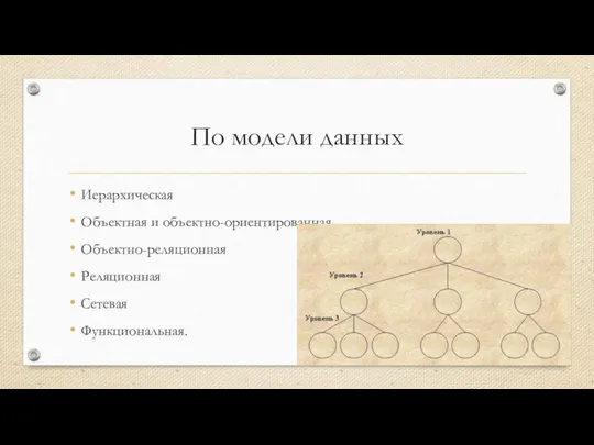 По модели данных Иерархическая Объектная и объектно-ориентированная Объектно-реляционная Реляционная Сетевая Функциональная.