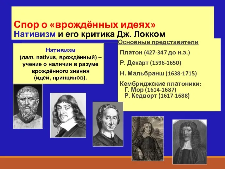 Спор о «врождённых идеях» Нативизм и его критика Дж. Локком Основные