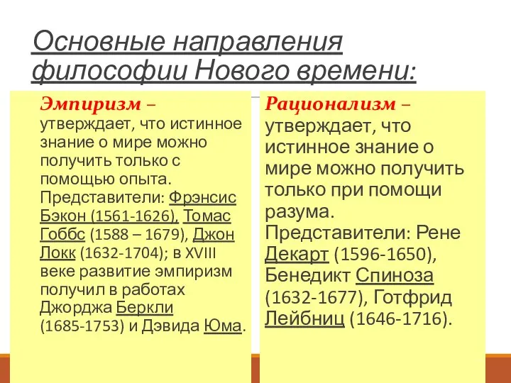 Основные направления философии Нового времени: Эмпиризм – утверждает, что истинное знание