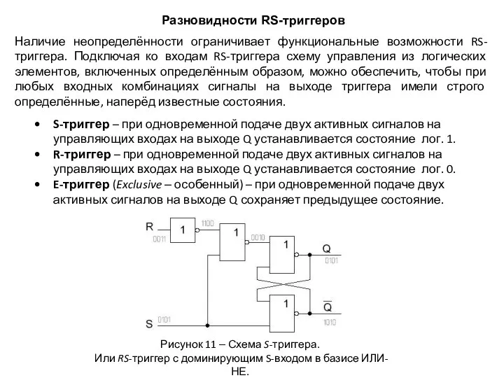 Разновидности RS-триггеров S-триггер – при одновременной подаче двух активных сигналов на