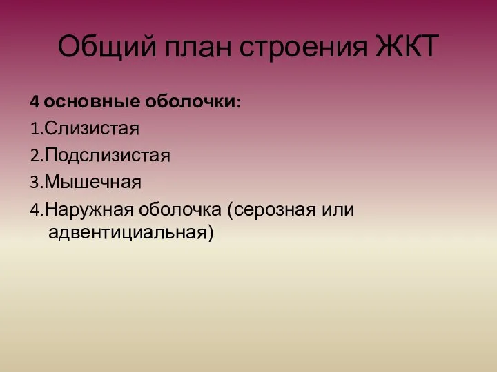 Общий план строения ЖКТ 4 основные оболочки: 1.Слизистая 2.Подслизистая 3.Мышечная 4.Наружная оболочка (серозная или адвентициальная)