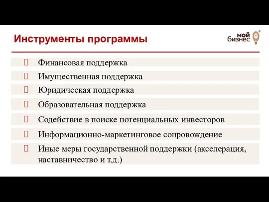 Финансовая поддержка Имущественная поддержка Инструменты программы Юридическая поддержка Образовательная поддержка Содействие