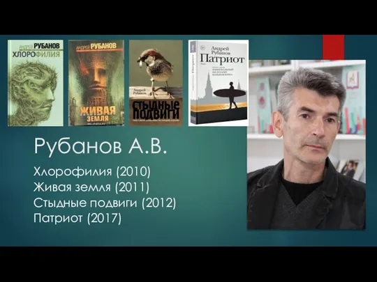 Рубанов А.В. Хлорофилия (2010) Живая земля (2011) Стыдные подвиги (2012) Патриот (2017)