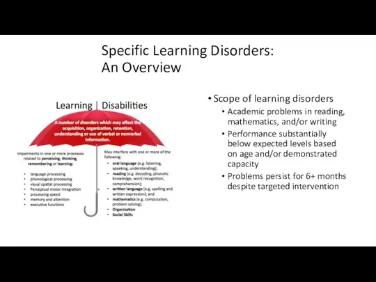 Specific Learning Disorders: An Overview Scope of learning disorders Academic problems