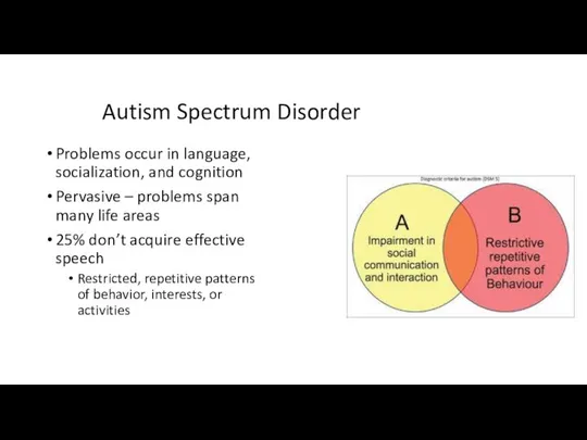 Autism Spectrum Disorder Problems occur in language, socialization, and cognition Pervasive