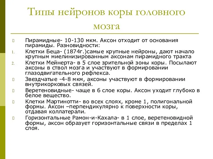 Типы нейронов коры головного мозга Пирамидные- 10-130 мкм. Аксон отходит от