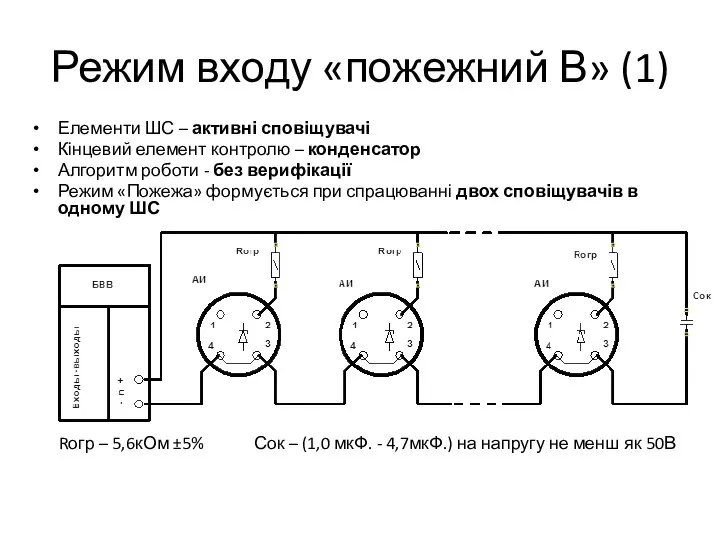 Режим входу «пожежний В» (1) Елементи ШС – активні сповіщувачі Кінцевий