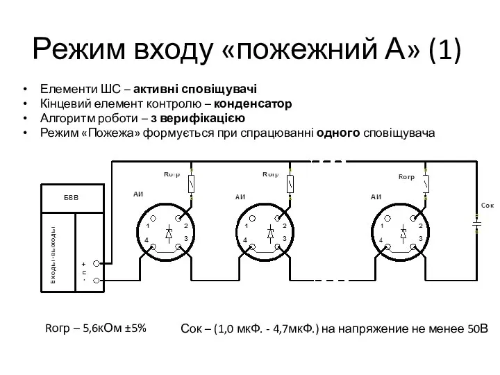 Режим входу «пожежний А» (1) Елементи ШС – активні сповіщувачі Кінцевий