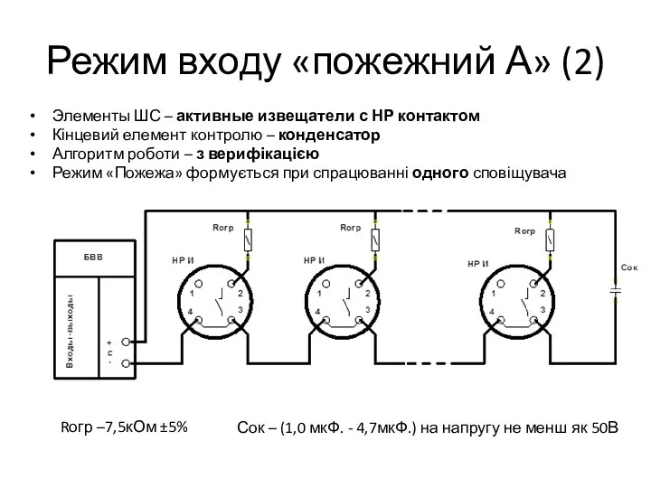 Режим входу «пожежний А» (2) Элементы ШС – активные извещатели с