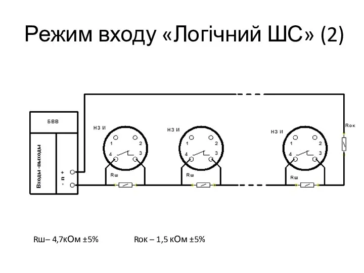 Режим входу «Логічний ШС» (2) Rок – 1,5 кОм ±5% Rш– 4,7кОм ±5%