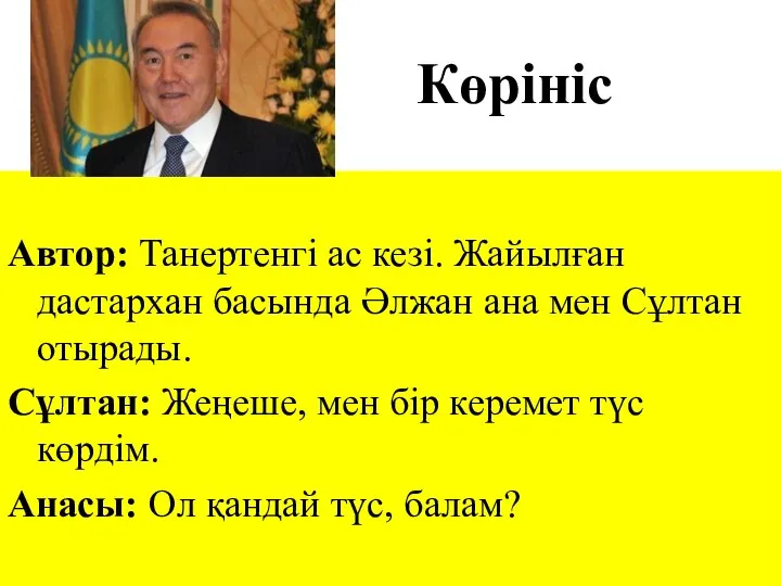 Көрініс Автор: Танертенгі ас кезі. Жайылған дастархан басында Әлжан ана мен