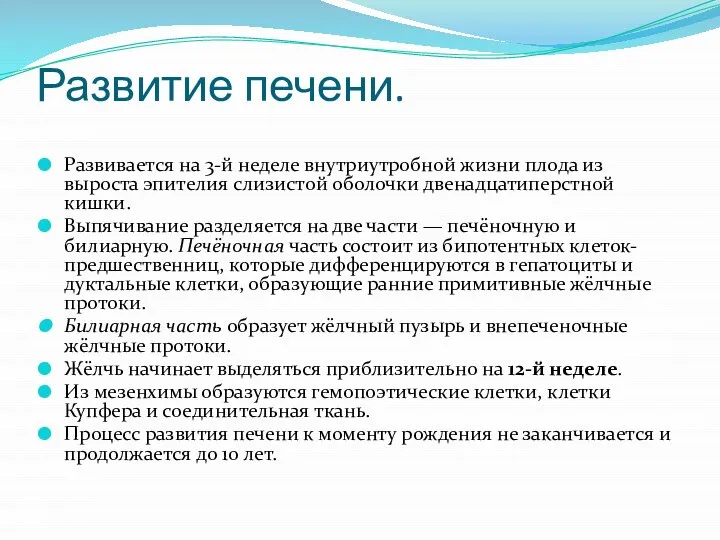 Развитие печени. Развивается на 3-й неделе внутриутробной жизни плода из выроста