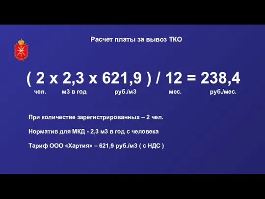 Расчет платы за вывоз ТКО ( 2 х 2,3 х 621,9