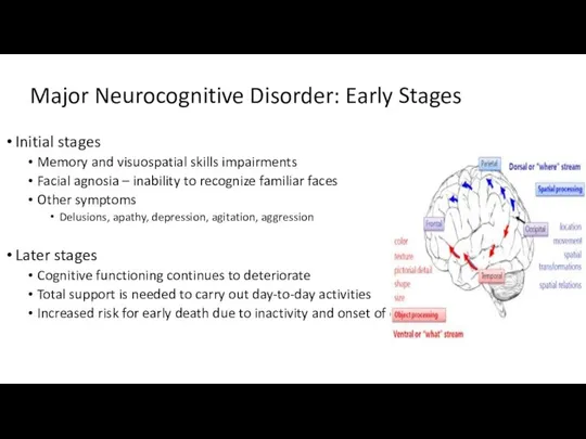 Major Neurocognitive Disorder: Early Stages Initial stages Memory and visuospatial skills