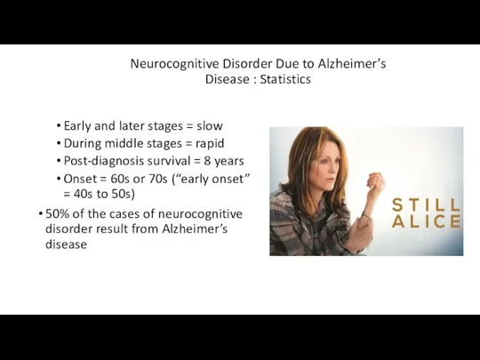 Neurocognitive Disorder Due to Alzheimer’s Disease : Statistics Early and later