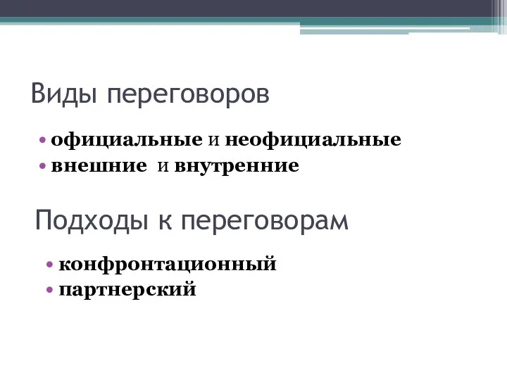 Виды переговоров официальные и неофициальные внешние и внутренние Подходы к переговорам конфронтационный партнерский