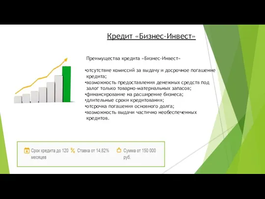 Кредит «Бизнес-Инвест» Преимущества кредита «Бизнес-Инвест» отсутствие комиссий за выдачу и досрочное