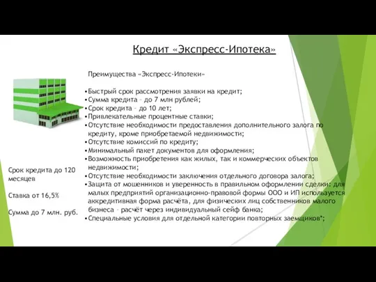 Кредит «Экспресс-Ипотека» Преимущества «Экспресс-Ипотеки» Быстрый срок рассмотрения заявки на кредит; Сумма