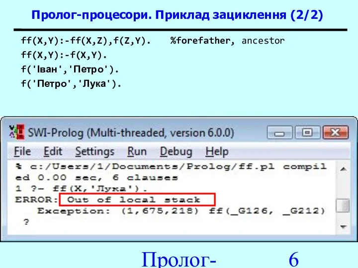 Пролог-процесори ff(X,Y):-ff(X,Z),f(Z,Y). %forefather, ancestor ff(X,Y):-f(X,Y). f('Іван','Петро'). f('Петро','Лука'). Пролог-процесори. Приклад зациклення (2/2)