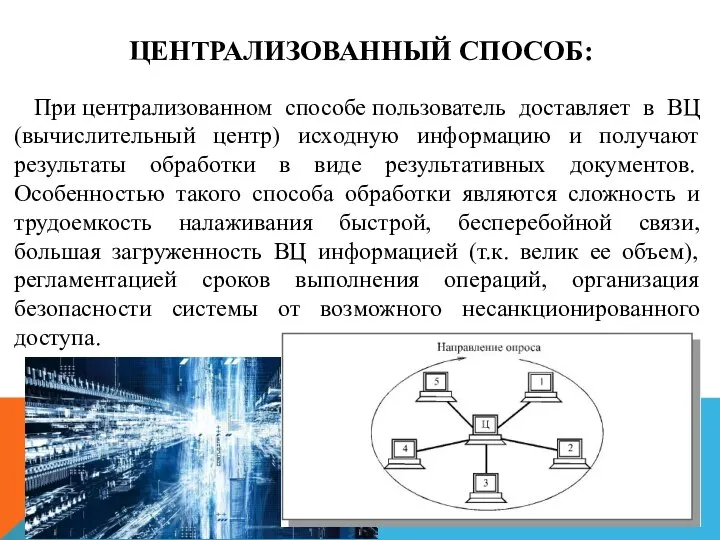 ЦЕНТРАЛИЗОВАННЫЙ СПОСОБ: При централизованном способе пользователь доставляет в ВЦ (вычислительный центр)