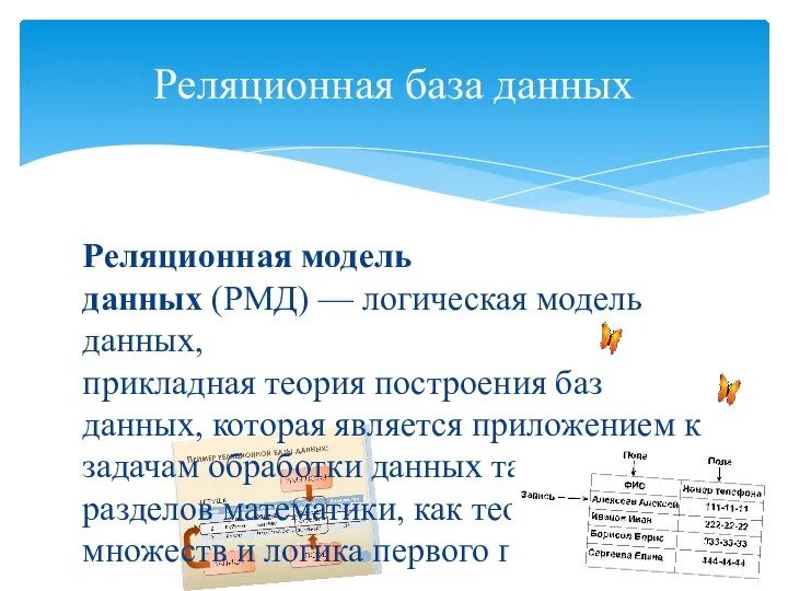 Реляционная модель данных (РМД) — логическая модель данных, прикладная теория построения