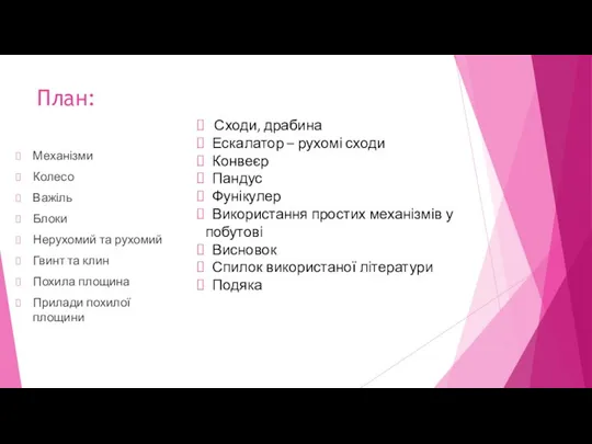 План: Механізми Колесо Важіль Блоки Нерухомий та рухомий Гвинт та клин